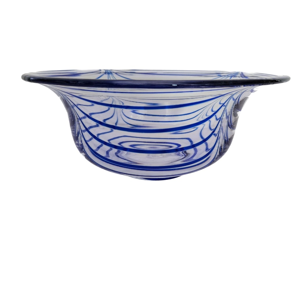 Hand Blown Art Glass Bowl Clear with Cobalt Blue Swirl Flared Rim Centerpiece